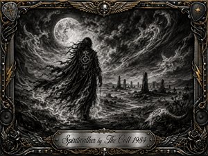 A lone, cloaked spiritwalker crosses a barren moonlit landscape beneath swirling ghostlike clouds and distant standing stones. Deep feathered charcoal textures create a brooding, mystical atmosphere in smoky blacks, silvers, and grays. An ornate chrome-and-gold rock-inspired frame surrounds the scene, with wings, roses, skulls, strings, and an engraved title plate.
