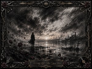 A solitary figure stands on a rain-darkened shoreline beneath a vast charcoal storm, facing a fading horizon and distant gothic ruins. Deep blacks, smoky grays, muted crimson roses, and pale reflected light create a mournful atmosphere. An ornate music-themed metal frame, vinyl records, strings, roses, and engraved title plate complete the elegiac composition.