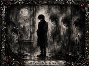 A solitary dark-haired figure stands beneath a pale moon in a rain-soaked gothic city, surrounded by fractured reflections and fading spectral faces. Deep charcoal blacks, smoky grays, silver light, and crimson roses create a mournful, introspective mood. An ornate metallic music-themed frame with gold filigree, guitar strings, stars, and red lips completes the composition.
