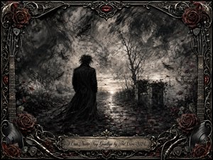 A solitary dark figure stands on a rain-slicked path beneath bare trees, facing a fading horizon of pale light. Ghostly faces, drifting feathers, red petals, and charcoal haze create a mournful dreamscape. Ornate chrome and gold gothic framing, roses, strings, records, and crimson lips deepen the romantic, elegiac atmosphere.