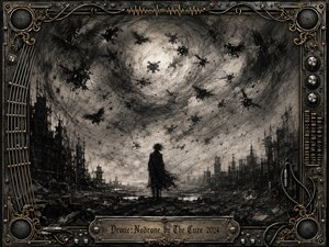 A lone figure stands amid a ruined industrial landscape beneath a turbulent sky filled with circling drone-like machines and shadowy birds. Deep charcoal textures, smoky grays, scratched highlights, and faint crimson accents create an ominous, restless mood. An elaborate chrome-and-gold musical frame surrounds the scene, finished with an engraved title plate.