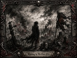 A lone dark figure stands amid shattered ruins beneath a storm-choked sky, surrounded by smoke, broken towers, ravens, and a torn battle flag. Deep charcoal blacks and ash grays dominate, pierced by restrained red accents and pale light. An ornate metallic frame of skulls, roses, wires, speakers, and rivets intensifies the gothic, war-scarred mood.