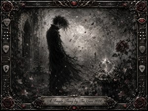 A solitary dark figure stands in a ruined moonlit garden, bowed beneath swirling petals and tangled branches. A cracked glass heart glows on a stone pedestal, surrounded by deep crimson roses. Feathered charcoal textures, smoky grays, silver highlights, and restrained red accents create a fragile, melancholic gothic atmosphere within an ornate musical frame.