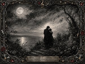 A moonlit couple embraces beside a misty shoreline, surrounded by tangled roses, windswept trees, and distant shimmering water. Deep charcoal textures create a tender, melancholic atmosphere, while silvery moonlight breaks through stormy clouds. An ornate black, chrome, and gold musical frame features roses, records, cables, stars, red lips, and an engraved title plate.