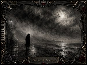 A solitary dark figure stands on a rain-slicked moonlit shoreline beneath swirling charcoal clouds, surrounded by mist and fading lamps. Deep blacks, silvery grays, and restrained crimson accents create a melancholy gothic mood. An ornate music-themed frame of roses, piano keys, strings, cables, and gold filigree surrounds the textured charcoal scene.