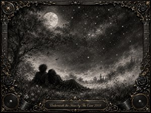 A charcoal-toned couple rests beneath a vast moonlit sky filled with glittering stars, drifting clouds, and soft mist. Wildflowers and a twisted tree frame the intimate scene, creating a dreamy, melancholic romance. An ornate black-and-gold musical border with roses, strings, speakers, and engraved title plate completes the gothic composition.
