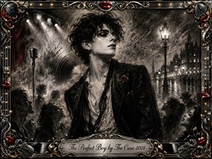 A pale, androgynous young man stands confidently amid a smoky nighttime concert and cityscape, surrounded by admiring silhouettes, glowing streetlamps, stage lights, musical notes, and vinyl grooves. Deep charcoal textures dominate, accented by crimson lips, a red rose, and metallic gold and silver framing, creating a romantic, theatrical, gothic mood.