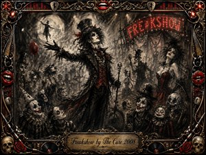 A gothic ringmaster commands a shadowy freakshow crowded with eerie clowns, skeletal figures, and theatrical performers beneath a glowing moon and red carnival lights. Deep charcoal textures, smoky blacks, grays, and crimson accents create a sinister cabaret mood, framed by ornate gold, chrome, roses, skulls, music motifs, and engraved lettering.