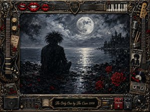 A solitary dark-haired figure sits beside a moonlit sea, facing a distant gothic castle beneath swirling storm clouds. Silver-blue light glimmers across the water, while crimson roses punctuate the shadowy shore. Richly textured painting and an elaborate black-and-gold music-themed frame create a romantic, melancholic, theatrical atmosphere.