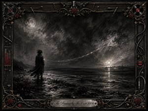 A solitary figure stands on a dark, reflective shoreline beneath a turbulent moonlit sky, linked to a distant beacon by a delicate arc of light. Deep charcoal textures, smoky grays, silver highlights, and restrained crimson accents create a haunted romantic mood, framed by ornate metallic music motifs, roses, cables, records, and engraved title plate.