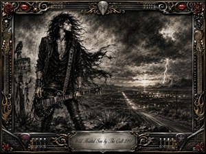A wild-haired guitarist stands defiantly above a desert highway beneath turbulent storm clouds and flashing lightning. Deep feathered charcoal textures create a brooding, rebellious atmosphere, softened by silvery highlights and distant lights. An ornate chrome-and-gold rock-themed frame surrounds the scene, accented with roses, red lips, guitar hardware, studs, and an engraved title plate.