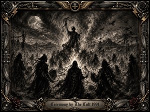 A moonlit ceremonial gathering unfolds across a rugged plain, where shadowed figures surround a blazing fire beneath swirling smoke and distant mountains. Deep charcoal blacks, smoky grays, and pale highlights create a solemn, mystical atmosphere. An ornate metallic frame of feathers, chains, roses, and rock-inspired details completes the dramatic composition.