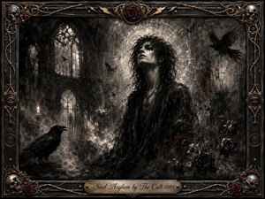 A solitary gothic figure rises within a ruined cathedral-like asylum, surrounded by ravens, drifting smoke, wilted roses, and fractured arches. Deep charcoal blacks, ash grays, muted crimson, and antique gold create a haunted, introspective mood. Dramatic haloed light and textured shadows frame the figure, while skulls, barbed wire, and ornate metalwork enrich the border.
