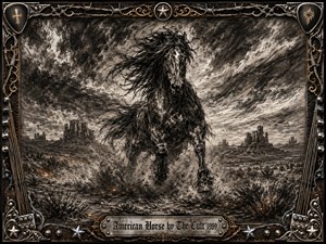 A powerful black horse charges through a windswept desert beneath turbulent charcoal skies, framed by distant mesas and swirling dust. Deep blacks, smoky grays, and faint ember highlights create a fierce, restless mood. An ornate rock-inspired metal frame of barbed wire, guitar details, stars, and gold accents surrounds the dramatic composition.