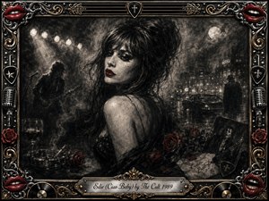 A glamorous dark-haired woman with vivid red lips dominates a smoky charcoal night scene, surrounded by roses, a shadowy guitarist, vintage car, hotel lights, and scattered rock memorabilia. Dramatic monochrome shading creates a melancholic noir mood, while selective crimson accents and an ornate chrome-and-gold musical frame add decadent rock elegance.