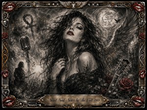 A glamorous dark-haired woman dominates a smoky gothic rock scene, surrounded by roses, wings, a vintage microphone, guitar imagery, and distant stage silhouettes. Deep charcoal textures create a sensual, rebellious mood, accented by crimson lips, red roses, chrome, and gold. An ornate musical frame and engraved title plate complete the dramatic composition.