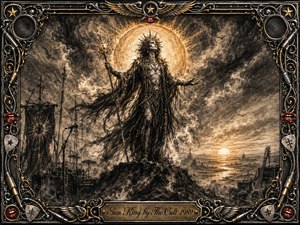 A mystical Sun King stands on a rocky summit beneath a blazing golden halo, surrounded by smoky desert skies, distant pyramids, and rock-concert equipment. Deep feathered charcoal textures create a dramatic, ceremonial mood, warmed by sepia-gold light. An ornate chrome-and-gold frame features wings, stars, red lips, guitar picks, cables, and an engraved title plate.