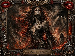 A fierce woman rises through swirling fire and charcoal smoke, her windblown hair glowing with ember-red highlights. Dark stage shadows, a distant guitarist, and dramatic spotlights create a charged rock atmosphere. An ornate chrome-and-gold frame surrounds the scene with roses, guitars, chains, red lips, flames, and engraved title plate details.
