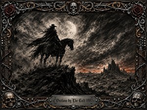 A lone outlaw rides a dark horse across a jagged moonlit ridge beneath storm-torn skies, overlooking a desolate western landscape glowing faintly red at the horizon. Deep feathered charcoal textures create a brooding, rebellious mood, while an ornate frame of skulls, roses, guitars, barbed wire, chrome, and gold surrounds the scene.