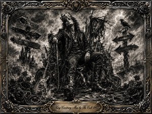 A defiant crowned rocker sits like a ruined king amid guitars, cables, black roses, and contradictory signposts beneath a violent storm. Deep charcoal textures, smoky grays, and sharp white lightning create a brooding gothic mood. An ornate chrome-and-gold frame, musical details, raven, and engraved title plate complete the dramatic composition.