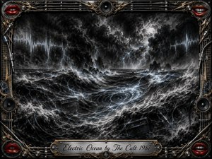A storm-tossed electric ocean surges beneath black, lightning-filled clouds, rendered in deep feathered charcoal with silvery gray and icy blue highlights. Glowing currents coil through the waves around half-submerged amplifiers and cables. An ornate chrome-and-gold rock-themed frame, speakers, strings, red lips, and engraved title plate complete the dramatic composition.