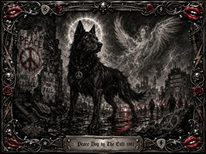 A powerful black dog stands amid a ruined nighttime city, framed by storm clouds, lightning, smoky wings, and distant human silhouettes. Deep feathered charcoal textures create a fierce, brooding mood, with silver-gray highlights and sharp red accents. An ornate chrome, skull, rose, guitar-string, and red-lip frame completes the gothic rock composition.
