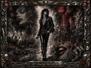 A swaggering leather-clad rocker strides through a smoky neon alley, surrounded by shadowy crowds, amplifiers, guitar imagery, and vivid crimson lips. Deep feathered charcoal textures dominate the scene, accented by silver, red, and gold highlights. Dramatic backlighting heightens the rebellious mood, while an ornate rock-inspired frame and engraved title plate complete the composition.