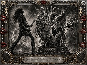 A leather-clad guitarist confronts a towering mechanical heart built from speakers, cables, chrome pipes, and amplifier parts amid smoke and lightning. Deep charcoal textures create a dark, rebellious mood, while red lips, gold inlay, skulls, studs, and guitar hardware decorate the ornate frame. Dramatic lighting intensifies the industrial rock atmosphere.