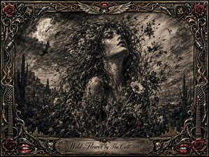 A windswept woman emerges from tangled wildflowers beneath a glowing moon in a shadowy desert landscape, surrounded by drifting birds and distant cacti. Deep charcoal textures create a sensual, stormy mood, accented with muted reds and gold. An ornate rock-inspired frame features roses, wings, guitars, chrome details, and an engraved title plate.