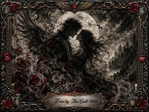 A moonlit gothic romance unfolds in deep feathered charcoal, where two shadowed figures lean toward each other beneath a luminous full moon. Sweeping wings, smoky roses, distant spires, and crimson accents heighten the passionate mood. Ornate chrome, gold, guitar-string, rose, and red-lip details frame the dramatic composition.