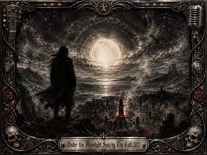 A lone dark figure overlooks a mysterious midnight landscape beneath a huge glowing sun, surrounded by swirling charcoal clouds, distant mountains, standing stones, smoke, and ember-red firelight. Deep blacks, silvers, gold accents, and subtle crimson create a solemn gothic mood, framed by ornate musical metalwork, roses, skulls, and engraved titlework.