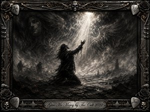 A lone figure kneels in a shattered, storm-dark landscape, reaching toward a radiant shaft of light breaking through swirling charcoal clouds. Ghostly wings and shadowy forms deepen the pleading, spiritual mood. An ornate black, silver, and gold rock-inspired frame surrounds the monochrome scene with roses, skulls, strings, picks, and engraved title plate.
