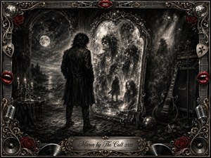 A solitary rocker confronts a towering fractured mirror filled with ghostly alternate selves, set within a moonlit, smoky gothic landscape. Deep charcoal blacks, silvery highlights, muted gold, and vivid red accents create brooding drama. An ornate rock-themed frame features roses, lips, microphones, records, guitars, amplifiers, and the engraved title plate.