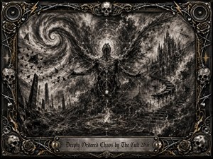 A winged figure rises at the center of a storm-ravaged charcoal landscape, surrounded by spiraling clouds, shattered forms, sacred geometry, ruined towers, and ascending stairs. Deep blacks, smoky grays, and metallic gold accents create a brooding, mystical mood, while an ornate skull-and-rose frame reinforces the powerful gothic rock atmosphere.