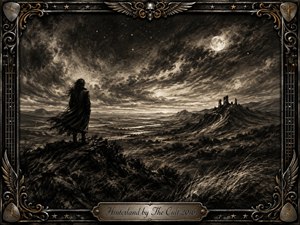 A solitary, windblown figure overlooks a vast moonlit hinterland of rugged hills, winding valleys, and distant ruins beneath a turbulent star-filled sky. Deep charcoal textures, smoky grays, black shadows, and subtle sepia tones create a haunting, reflective mood. An ornate gothic metal frame features gold inlay, wings, stars, guitar-string details, and an engraved title plate.