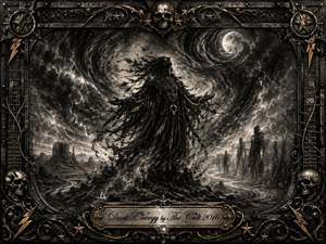 A spectral figure rises from a barren storm-swept landscape, surrounded by swirling charcoal clouds, lightning, and ghostly silhouettes beneath a pale moon. Deep blacks, smoky grays, silver highlights, and muted gold accents create an ominous, mystical mood, framed by ornate metalwork, skulls, stars, guitar strings, and engraved gothic details.