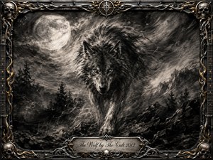 A fierce wolf advances through a storm-dark mountain wilderness beneath a glowing full moon, rendered in deep, feathered charcoal textures. Smoky grays, blacks, and silvery highlights create a brooding, primal atmosphere. An ornate gothic metal frame with skulls, barbed wire, guitar details, gold accents, and an engraved title plate completes the dramatic composition.