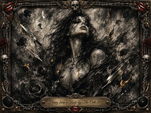 A fierce woman emerges from smoky charcoal darkness, her windblown hair and uplifted face streaked with glowing honey-gold. Black roses, sharp metallic shards, and turbulent textures create a sensual, dangerous mood. An ornate frame of chains, skulls, red lips, guitar strings, and gold inlay surrounds the dramatic gothic rock composition.
