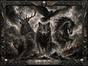 A fierce wolf leads a mythic gathering of stag, raven, black horse, and shadowy big cat through a storm-swept wilderness. Deep feathered charcoal textures, smoky grays, metallic blacks, and ember highlights create a rebellious, protective mood. An ornate rock-inspired frame of skulls, wings, strings, speakers, and gold inlay surrounds the dramatic composition.
