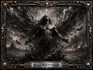 A powerful shirtless figure rises from cracked earth beneath a violent storm, surrounded by sweeping charcoal wings, drifting feathers, smoke, and lightning. Deep blacks, grays, muted crimson, and metallic highlights create a brooding, defiant mood. An ornate chrome-and-gold rock-inspired frame with skulls, wire, and engraved title plate completes the dramatic composition.