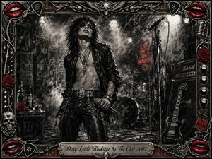 A rebellious rockstar stands amid a smoky club stage, gripping a microphone beneath harsh spotlights and surrounded by drums, guitars, amplifiers, and tangled cables. Deep feathered charcoal textures create gritty monochrome drama, punctuated by crimson roses, lips, and neon accents. An ornate chrome-and-gold rock-themed frame completes the theatrical composition.