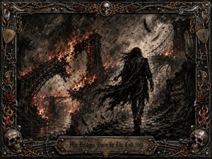 A lone, dark-clad figure strides away from collapsing bridges engulfed in orange-red flames beneath a smoky charcoal sky. Feathered ash, sparks, and ruined structures create a defiant, haunted mood. Deep blacks and silver grays dominate, framed by ornate chrome, gold filigree, skulls, roses, guitar details, and an engraved title plate.