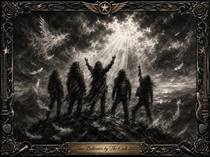 Five dark-clad figures stand on a windswept ridge beneath a storm-torn sky, reaching toward radiant beams of light. Deep charcoal textures, drifting feathers, rugged mountains, and smoky clouds create a dramatic, spiritual mood. An ornate black, chrome, and gold rock-inspired frame surrounds the scene, finished with roses, guitars, stars, and an engraved title plate.