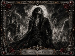 A brooding rock figure stands beneath a luminous moon in a windswept gothic cityscape, surrounded by smoke, ruins, distant stage lights, and shadowy crowds. Deep charcoal textures dominate, sharpened by silver, gold, and crimson accents. An ornate frame of skulls, roses, guitars, wings, and red lips intensifies the rebellious, mystical atmosphere.