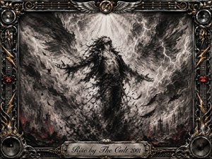 A solitary figure rises through a storm of charcoal smoke, shattered feathers, and lightning beneath a radiant opening in the sky. Deep blacks, silvery grays, white highlights, and ember-red accents create a fierce, triumphant mood. An ornate chrome-and-gold rock-inspired frame surrounds the dramatic scene, with wings, speakers, guitar details, and engraved title plate.