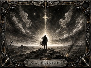 A lone figure stands on a windswept rocky plateau, facing a radiant celestial light beneath swirling charcoal clouds and ghostly wings. Deep blacks, smoky grays, silver highlights, and restrained gold accents create a solemn, spiritual mood. An ornate gothic rock frame with roses, records, cables, stars, and engraved title plate completes the composition.