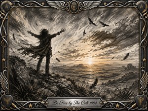 A lone, windblown figure stands on a rugged desert ridge with arms outstretched toward a glowing horizon, surrounded by soaring birds and drifting feathers. Deep charcoal textures, smoky grays, and warm sepia light create a dramatic sense of liberation. An ornate chrome-and-gold musical frame completes the powerful, mystical rock composition.