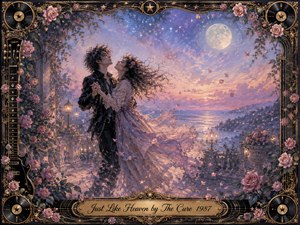 A romantic couple dances in a moonlit rose garden overlooking a shimmering sea, surrounded by dreamy lavender, blush, and midnight-blue skies. Soft golden lanterns and stars create an enchanted glow. Painterly, richly textured details blend gothic romance with impressionistic fantasy, framed by roses, guitars, vinyl records, and ornate gold filigree.