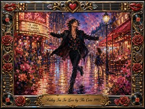 A joyful figure dances along a rain-slicked city boulevard glowing with neon cafes, flowers, and evening lights. Rich reds, pinks, purples, and gold reflections create a romantic, exuberant mood. Expressive oil-paint textures energize the scene, framed by roses, records, guitar strings, chrome ornament, smiling lips, and an engraved title plate.
