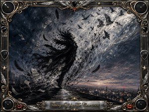 A windswept figure rises against a twilight cityscape as black feathers, birds, sheet music, and charcoal fragments spiral skyward. Deep blacks, smoky grays, silver highlights, and muted sunset tones create a dramatic, liberating mood. Ornate chrome-and-gold musical framing, red lips, guitar details, and the engraved title complete the gothic composition.